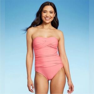 Kona Sol Twist-Front Bandeau Classic One Piece Swimsuit Coral Orange Large new